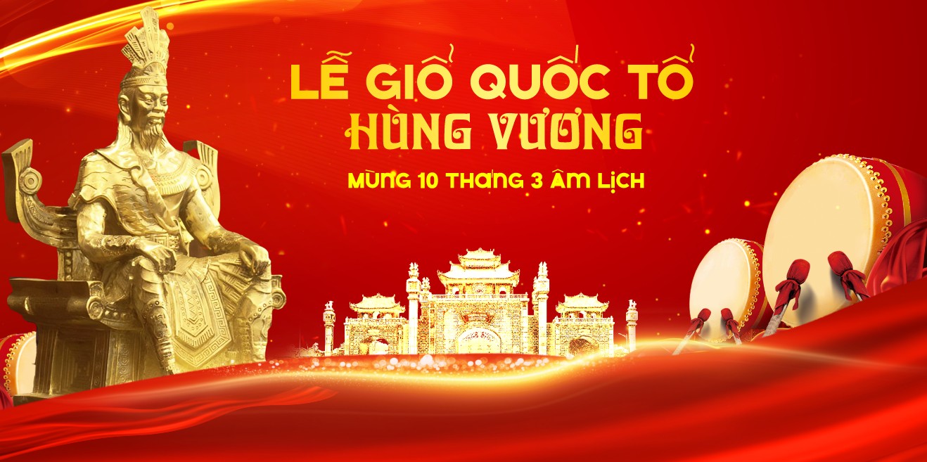 Holiday announcement poster for Hung Kings' Commemoration Day featuring a golden statue, with traditional Đông Sơn drum, a festive background, poster thông báo lịch nghỉ Giỗ tổ